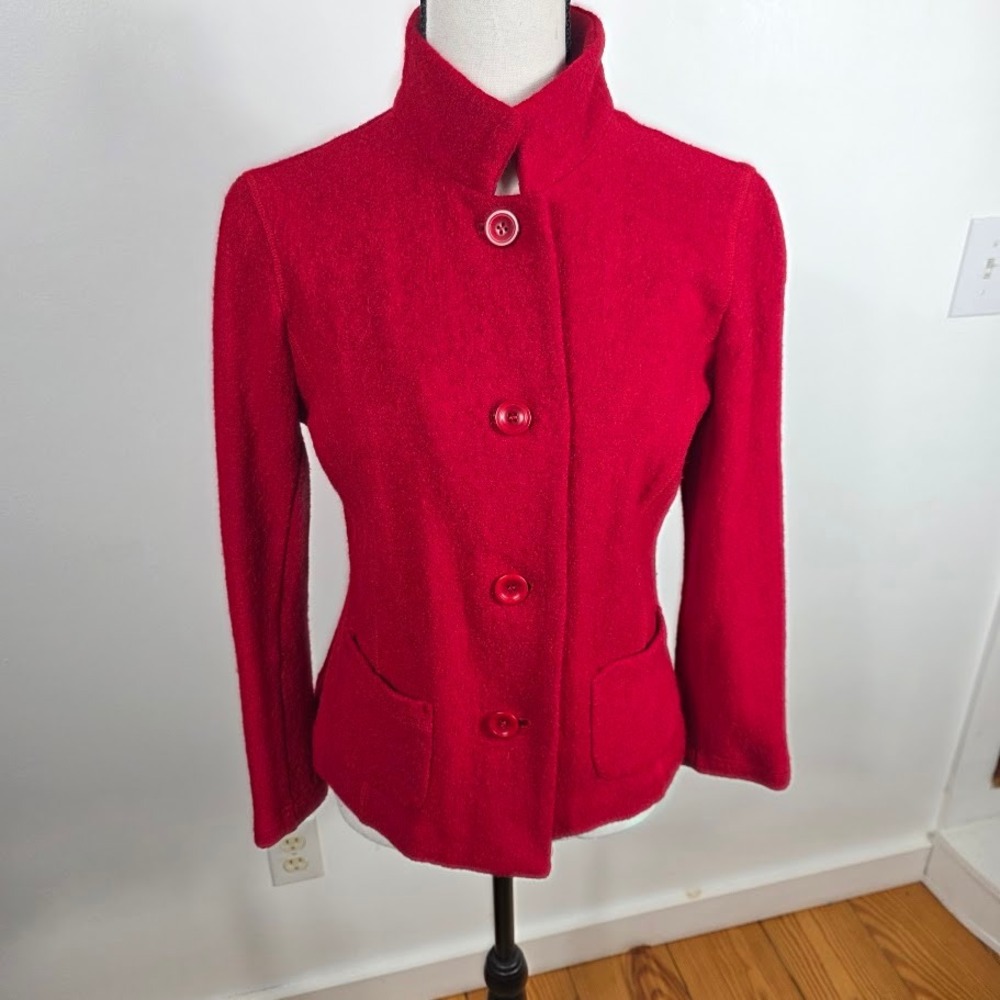 Talbots Petites Red Wool Blend Blazer Jacket‎ Mandarin Collar Button Front